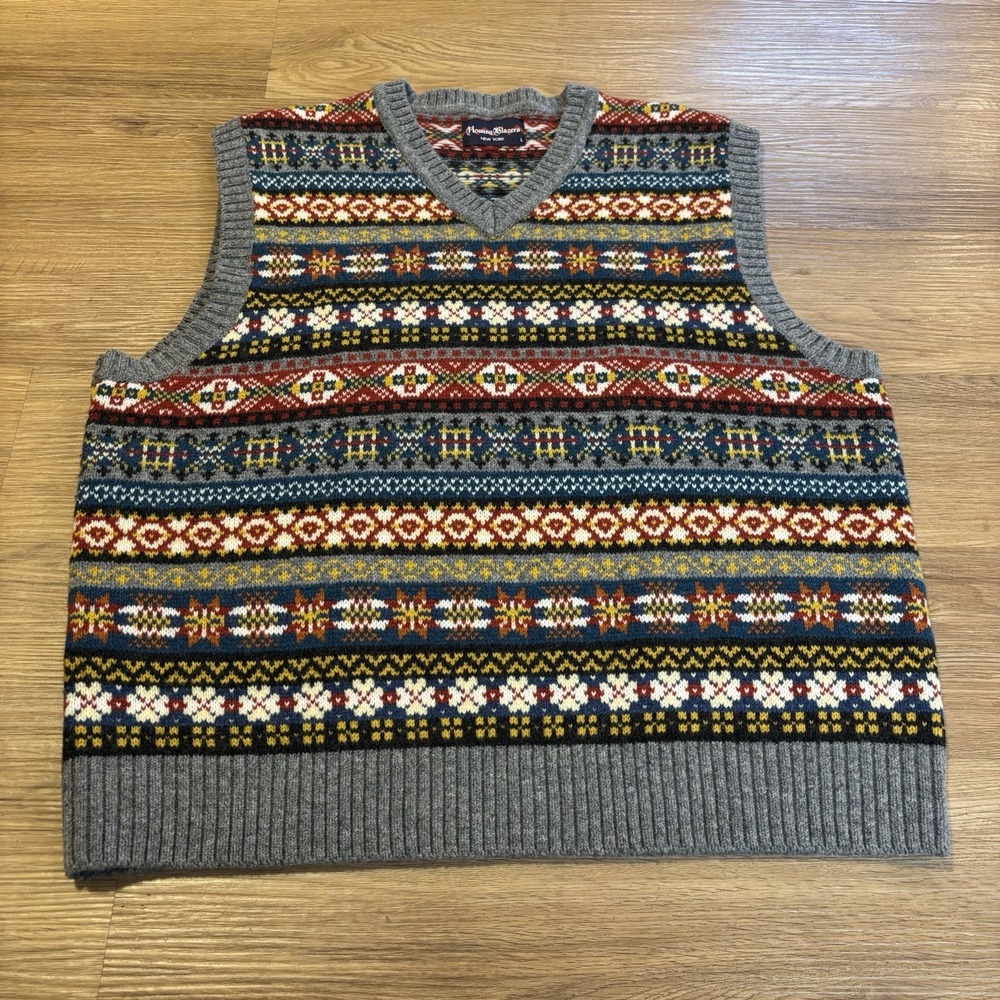 Rowing Blazers Fair Isle Knit Sweater Vest Sz L 100% Lambswool V-neck Preppy EUC
